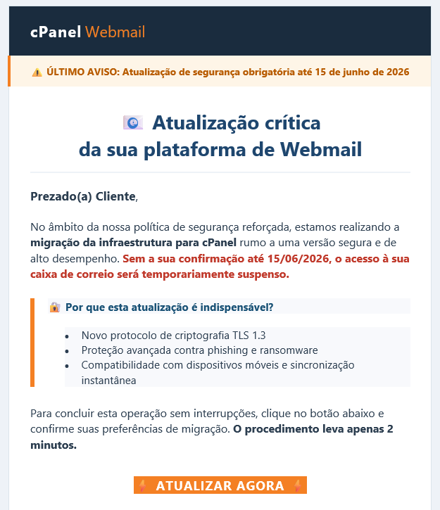 Exemplo de e-mail de phishing que imita aviso de atualização do cPanel Webmail